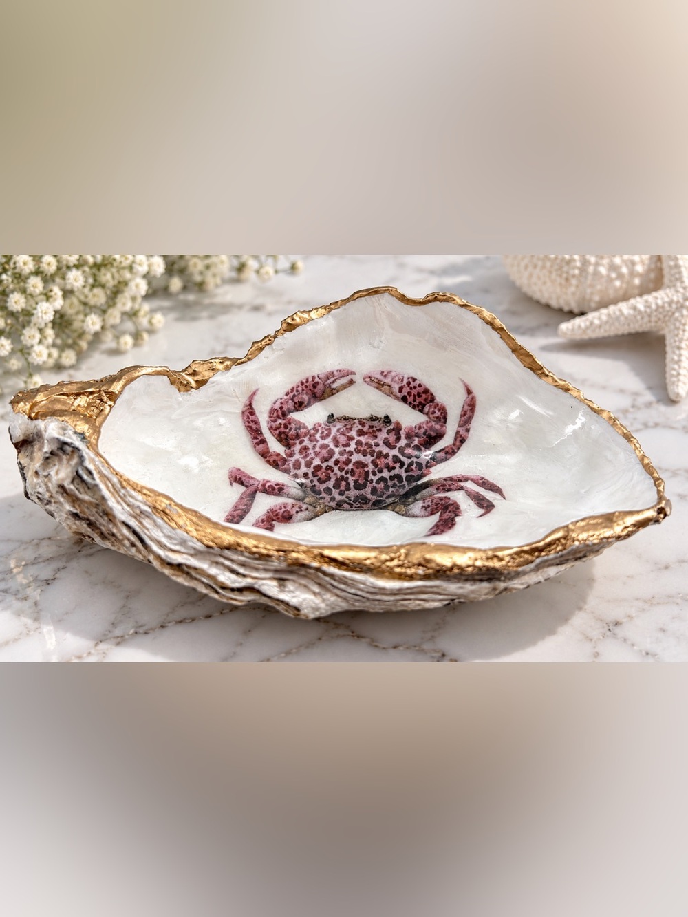 Decorative Oyster Shell Dish with Pink Crab Motif and Gold Trim